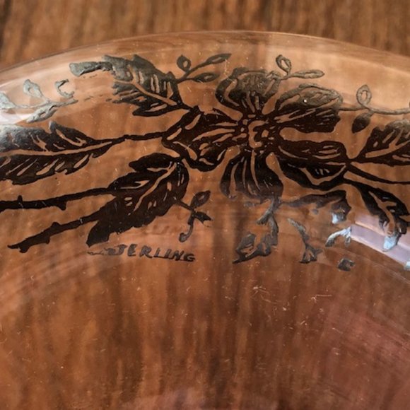 PINK DEPRESSION PEDESTAL CONDIMENT BOWL WITH STERLING OVERLAY FLOWERS - Picture 6 of 7